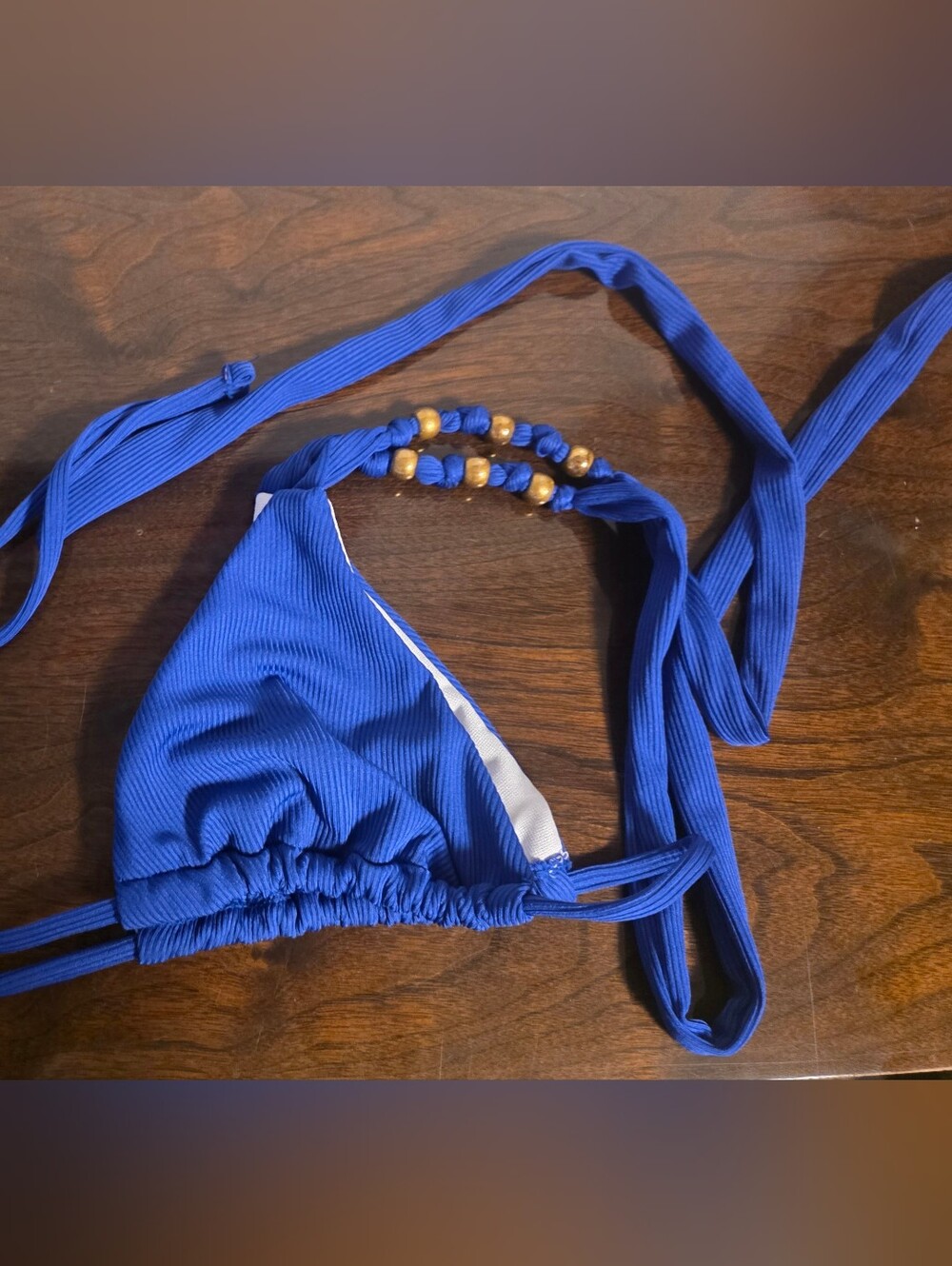 Women's Small Bikini Top - Blue with Gold Bead Detail
